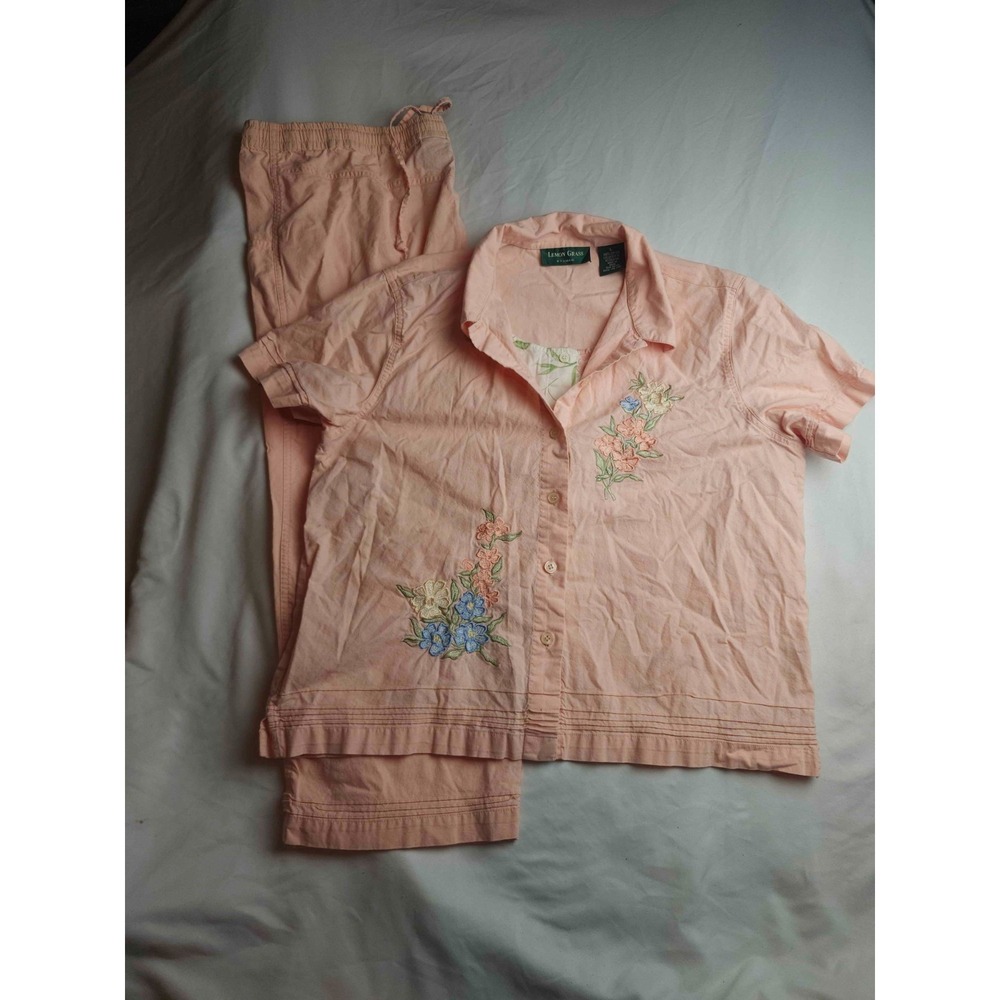 Lemon Grass Studio Shirt Capris Set Womens Large Pink Cotton Loungewear 2-Piece